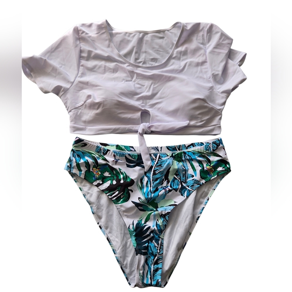 SHEIN White and Green Tropical Bikini Set Size 3xl